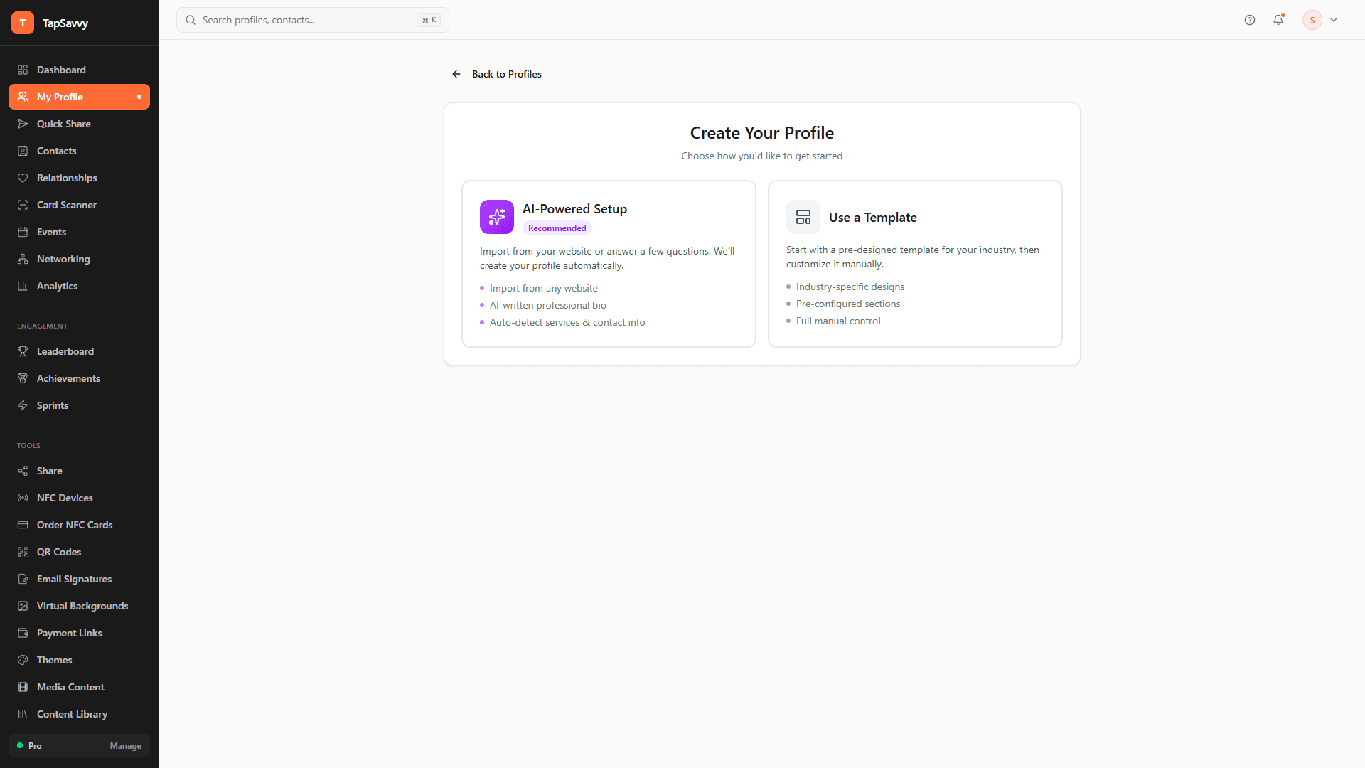 TapSavvy AI Profile Generator showing AI-Powered Setup and Template options
