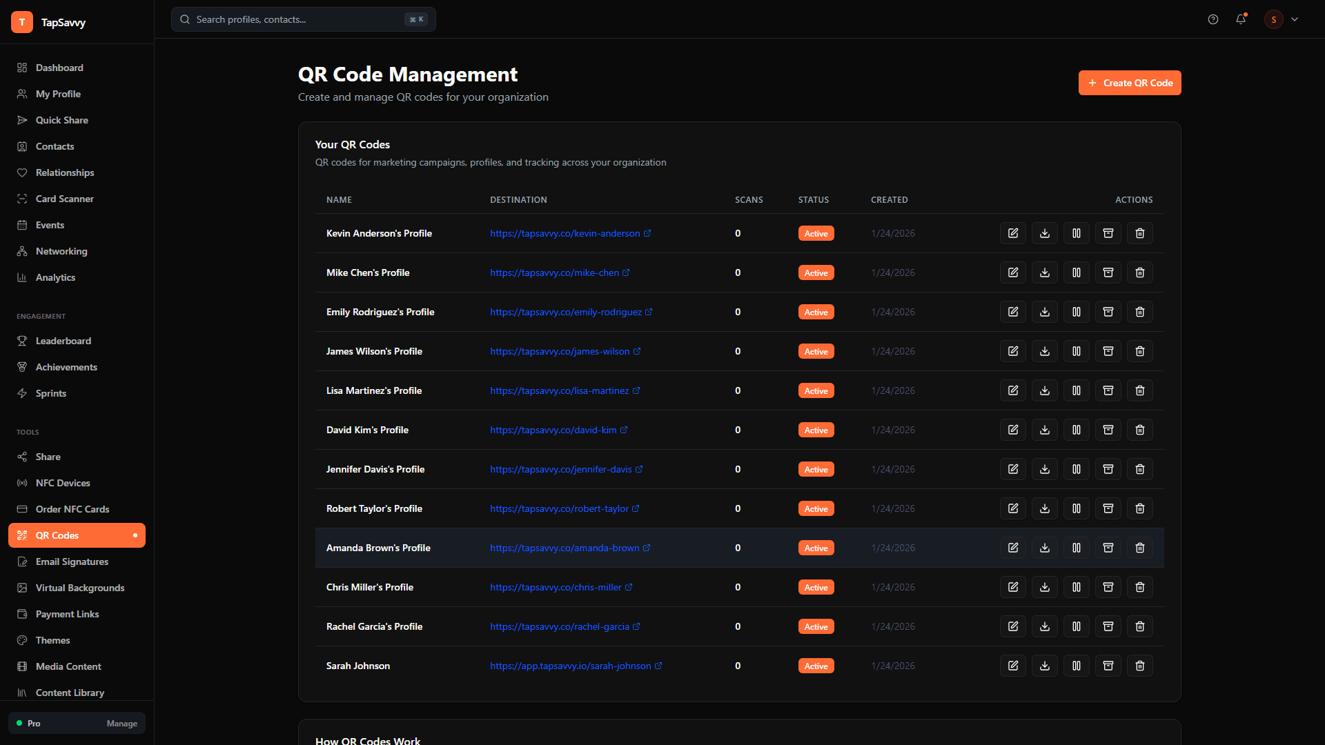 TapSavvy QR Code Management showing codes for all team profiles with scan tracking