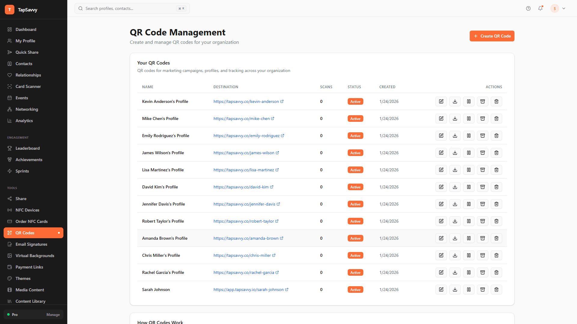 TapSavvy QR Code Management showing codes for all team profiles with scan tracking