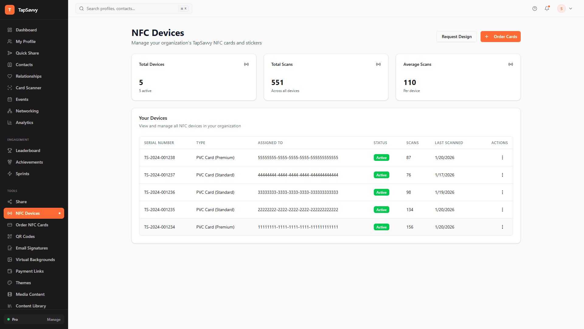 TapSavvy NFC Devices management showing registered cards with scan counts and status