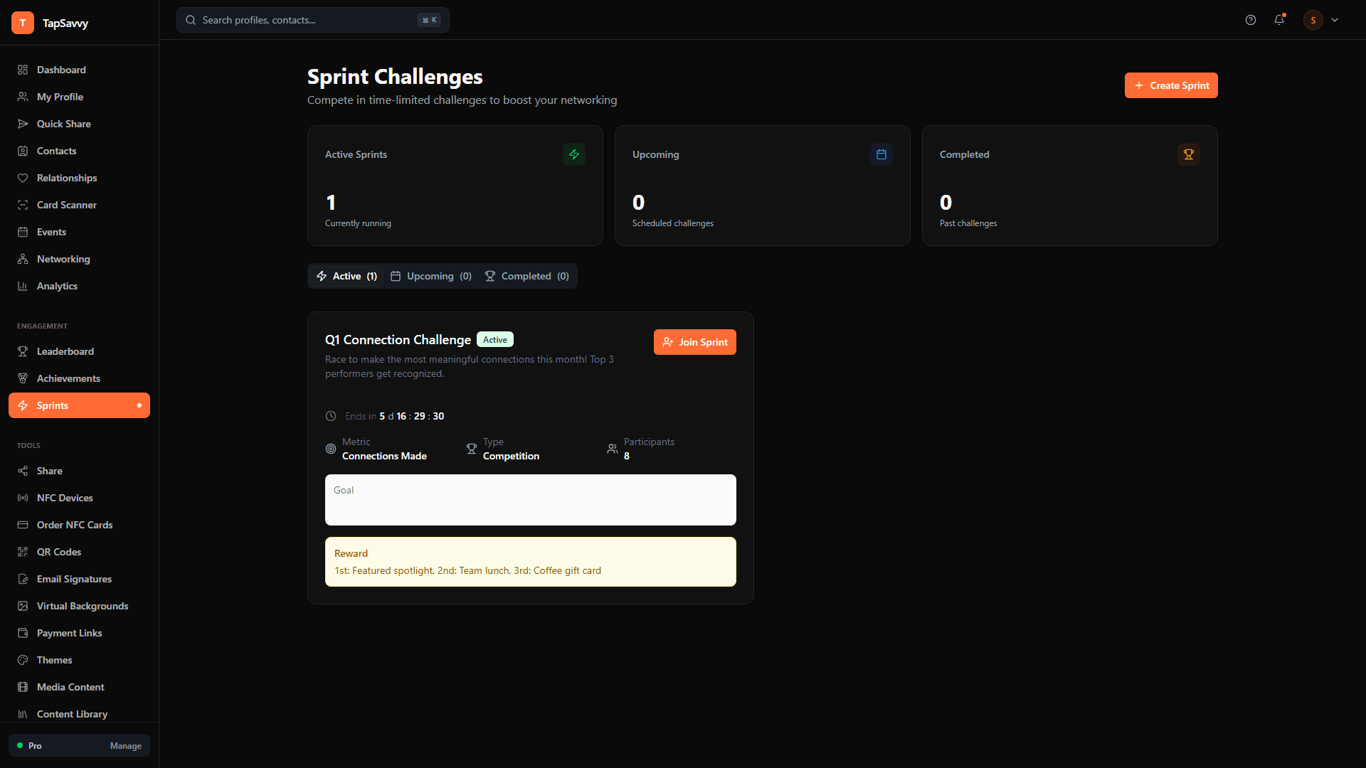 TapSavvy Sprint Challenge showing 30-day competition with real-time progress and leaderboard