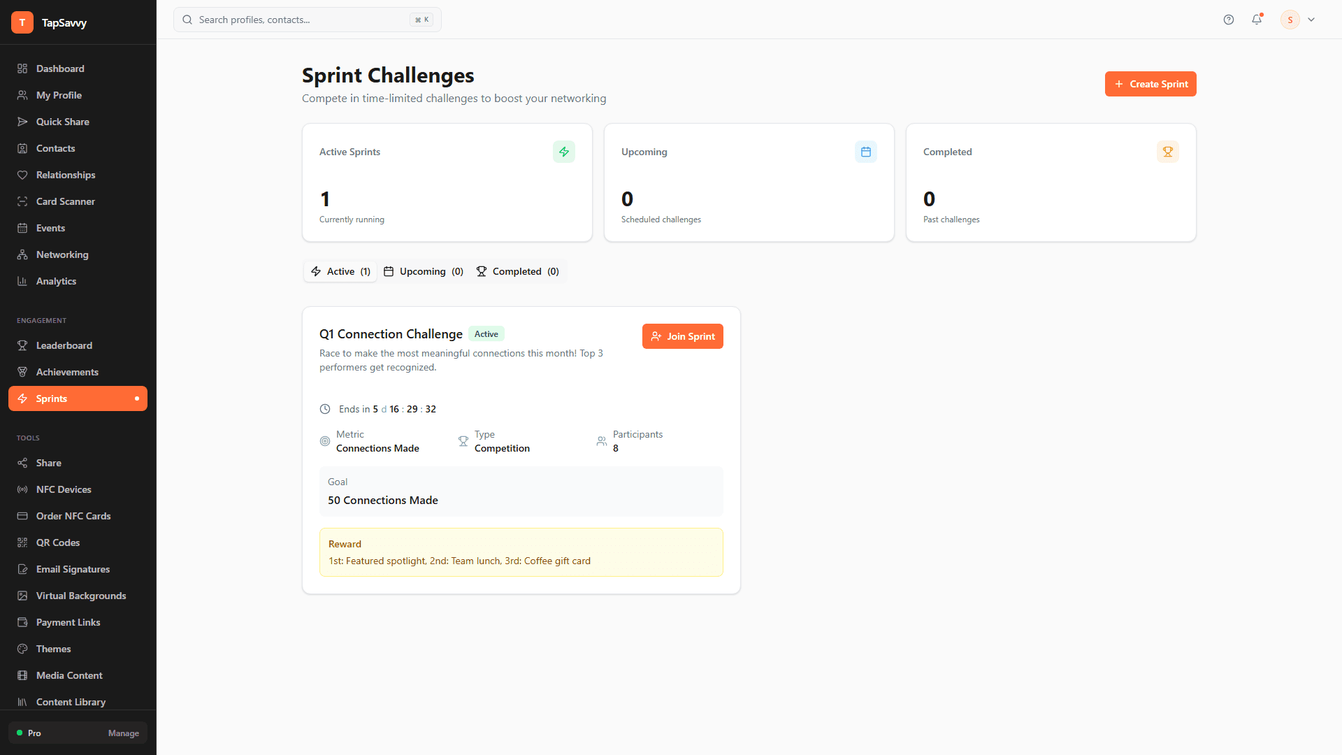 TapSavvy Sprint Challenge showing 30-day competition with real-time progress and leaderboard