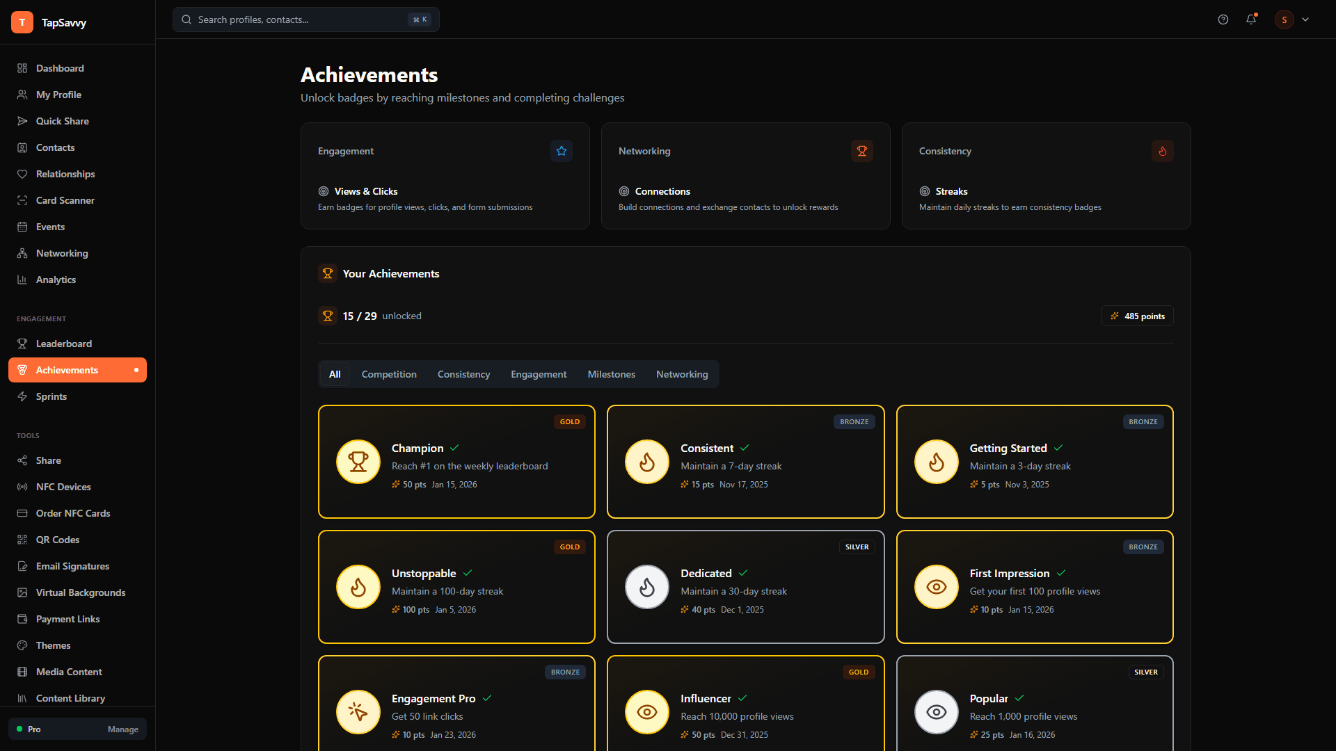 TapSavvy achievement celebration with badge collection and milestone animations