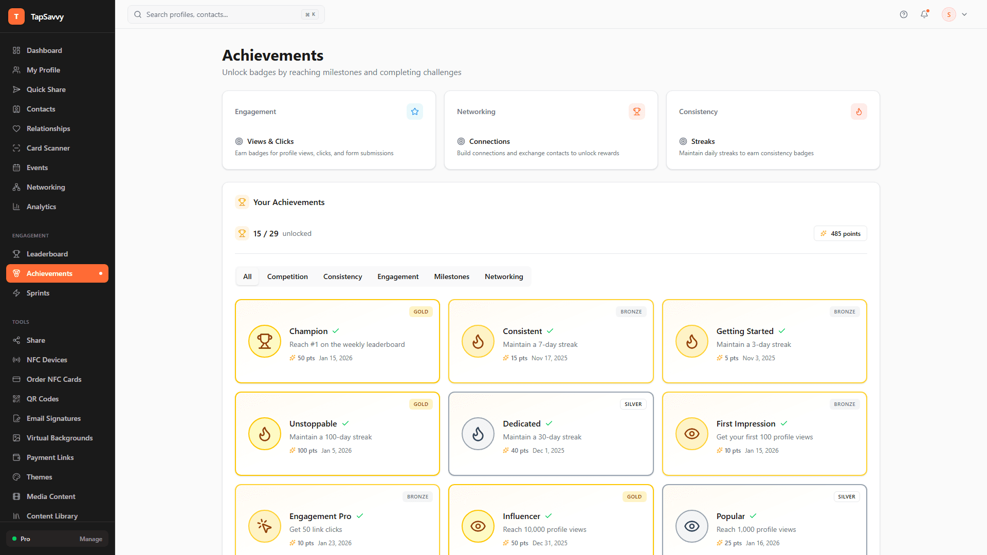 TapSavvy achievement celebration with badge collection and milestone animations