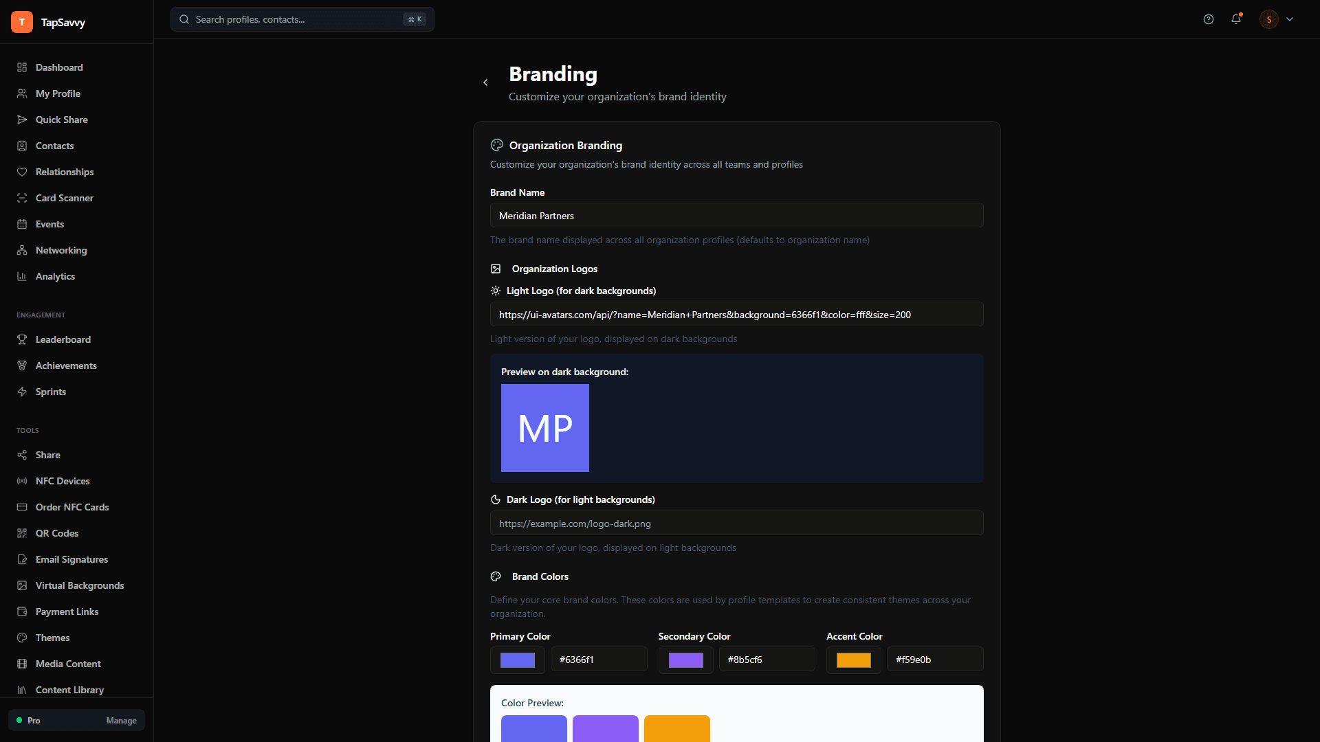 TapSavvy organization branding settings with logo upload, color palette, and style options