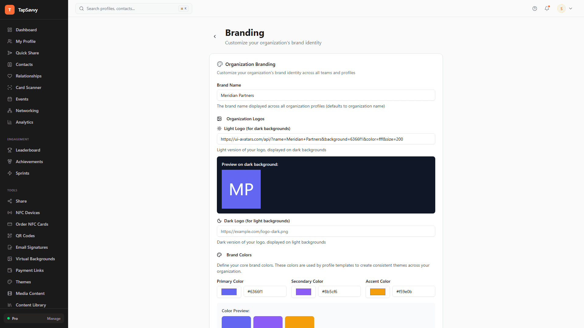 TapSavvy organization branding settings with logo upload, color palette, and style options