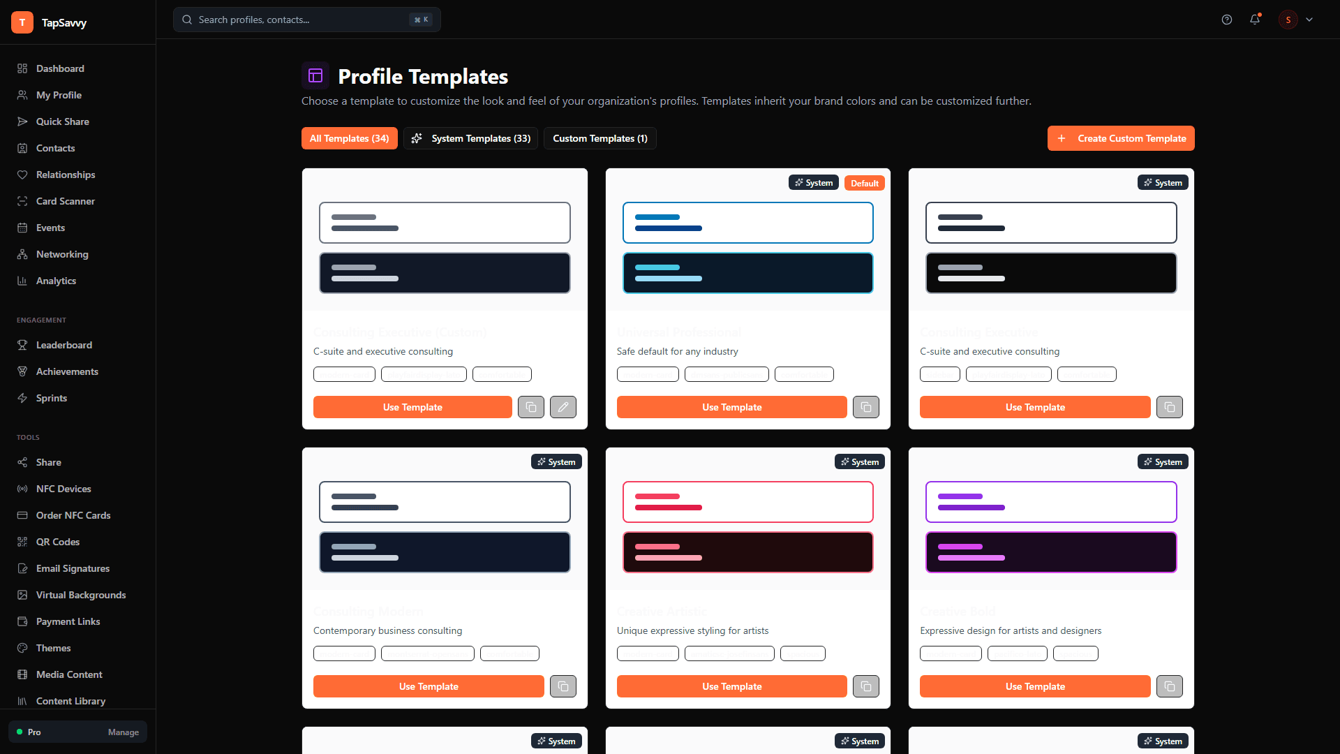 TapSavvy template builder showing role-based profile templates with pre-configured sections