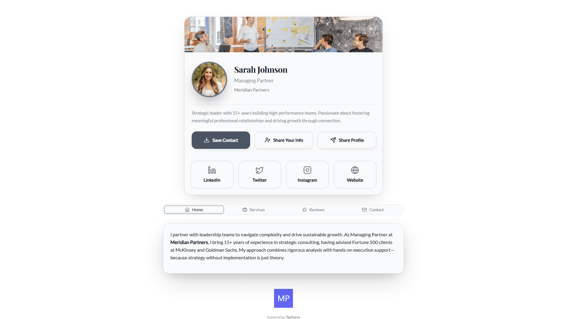 TapSavvy real estate agent profile showing property listings, contact info, and booking options